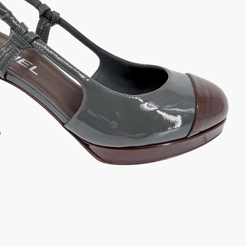 Chanel Gray Burgundy Patent Cap Toe Slingback Platform Pumps Size 37.5 US 6.5–7 - Picture 9 of 15